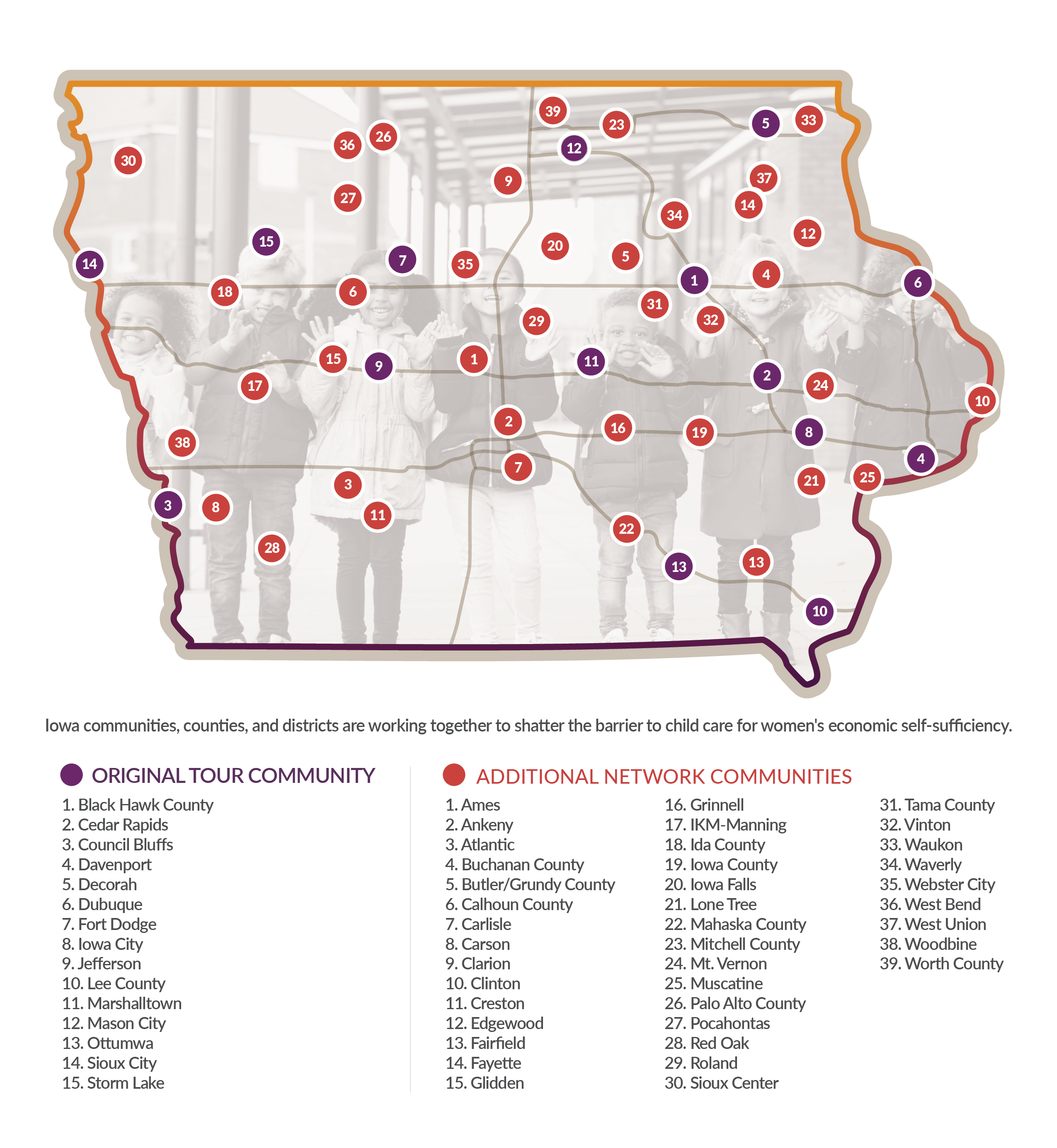 Map and Key of Iowa communities using BCCCS materials with transparent background